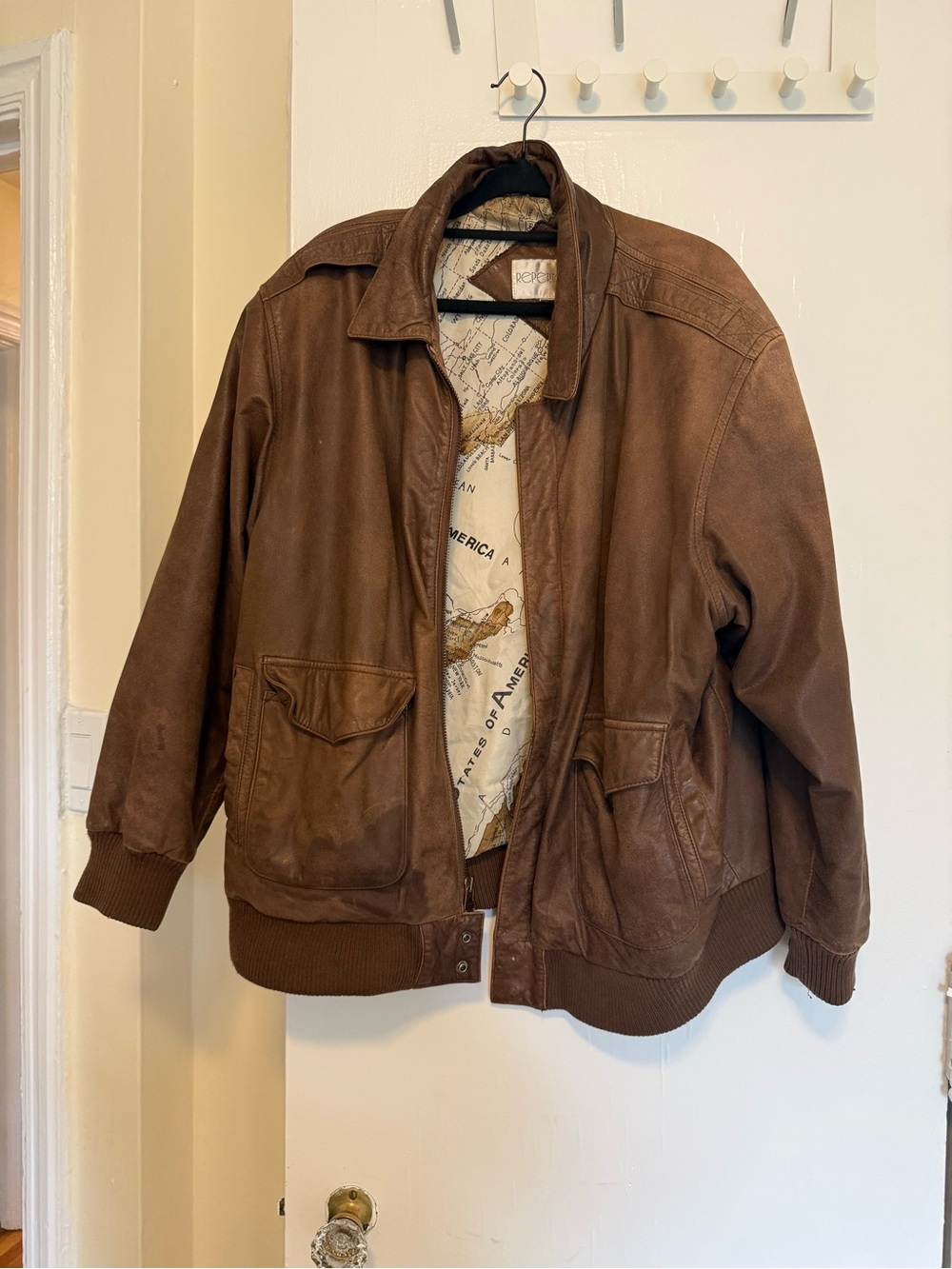 Vintage Brown Leather Bomber Jacket with Map-Print Lining